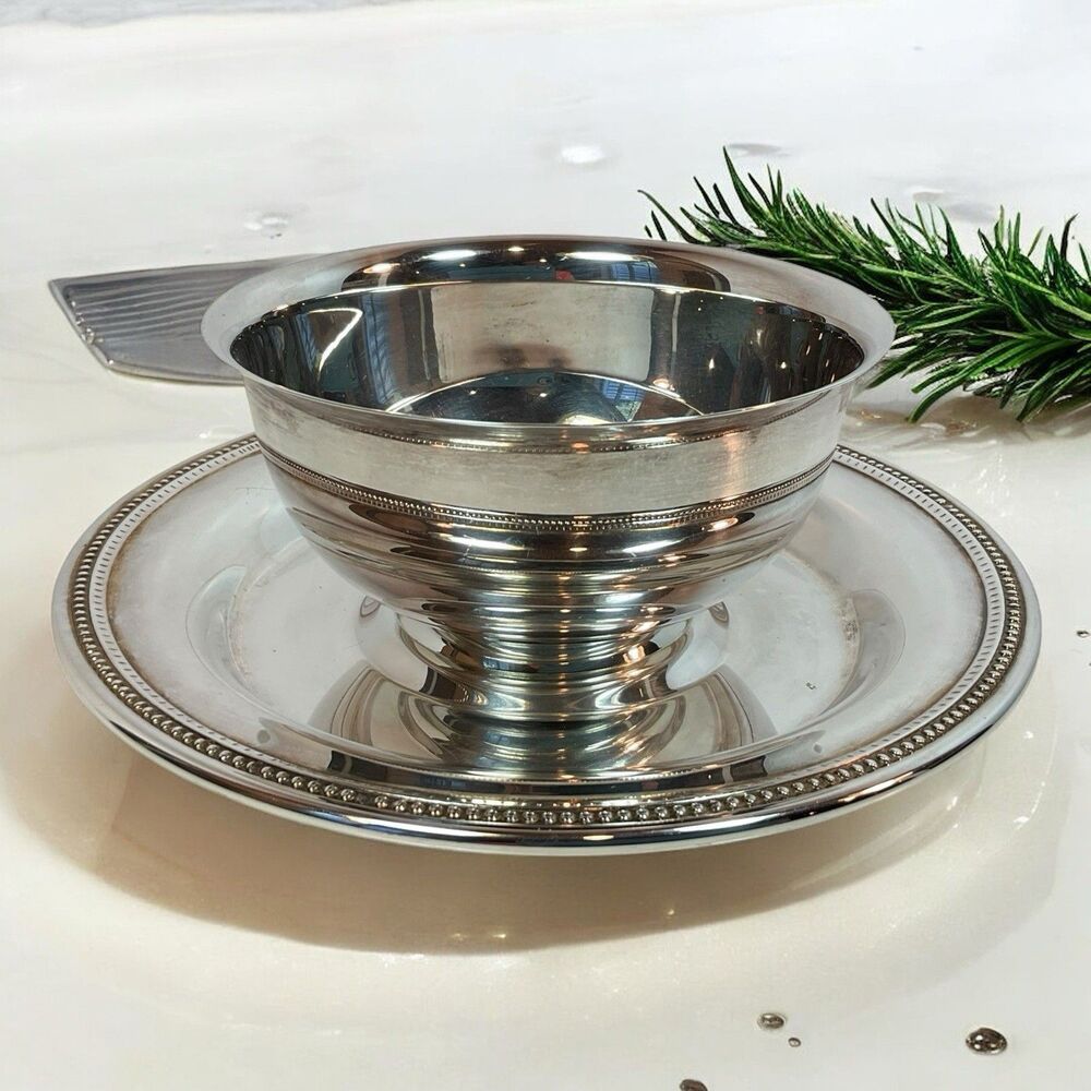Oneida Sauce Bowl Silverplate Attached Plate USA 7.5” Vintage Party